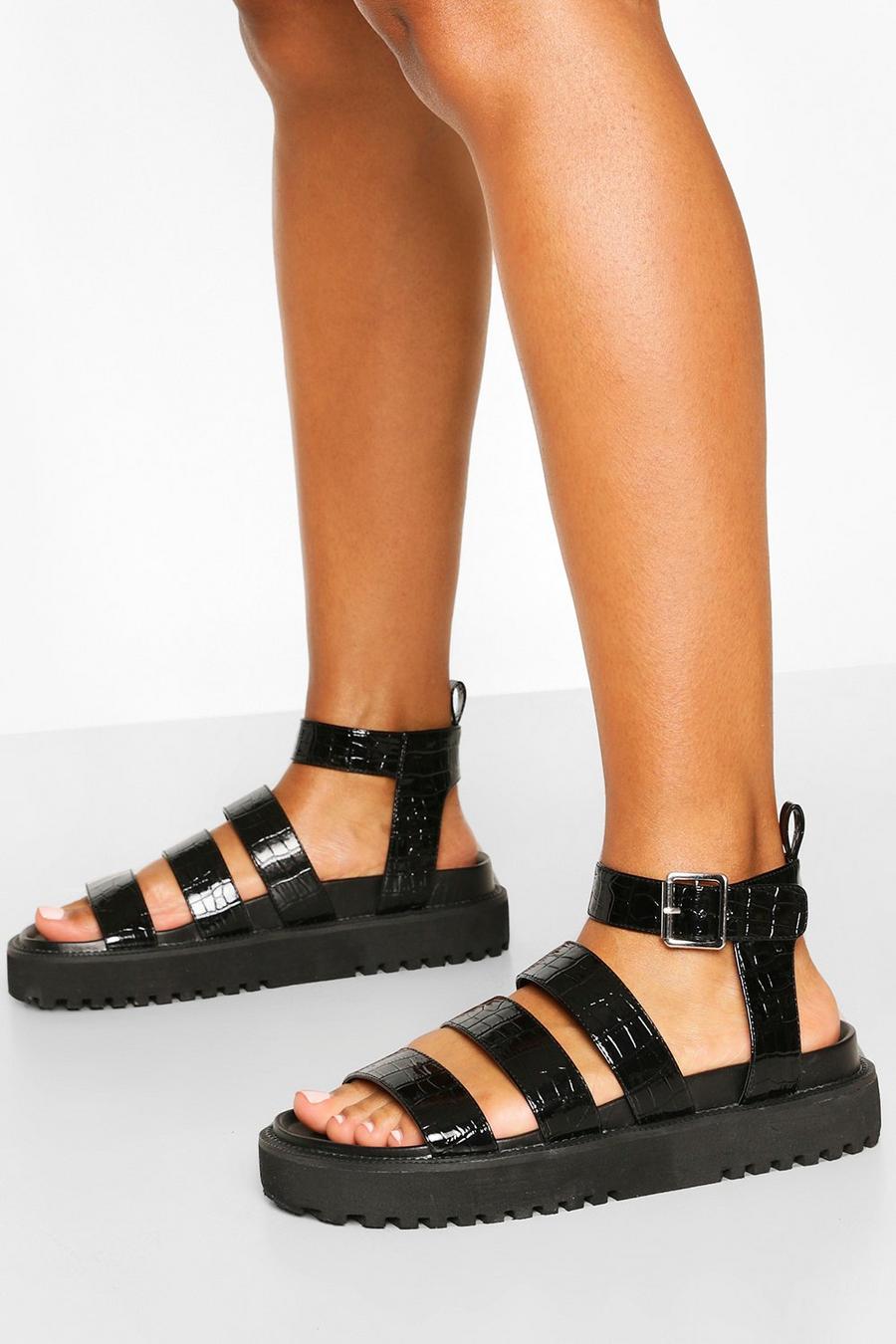 Black Triple Strap Chunky Footbed Sandals