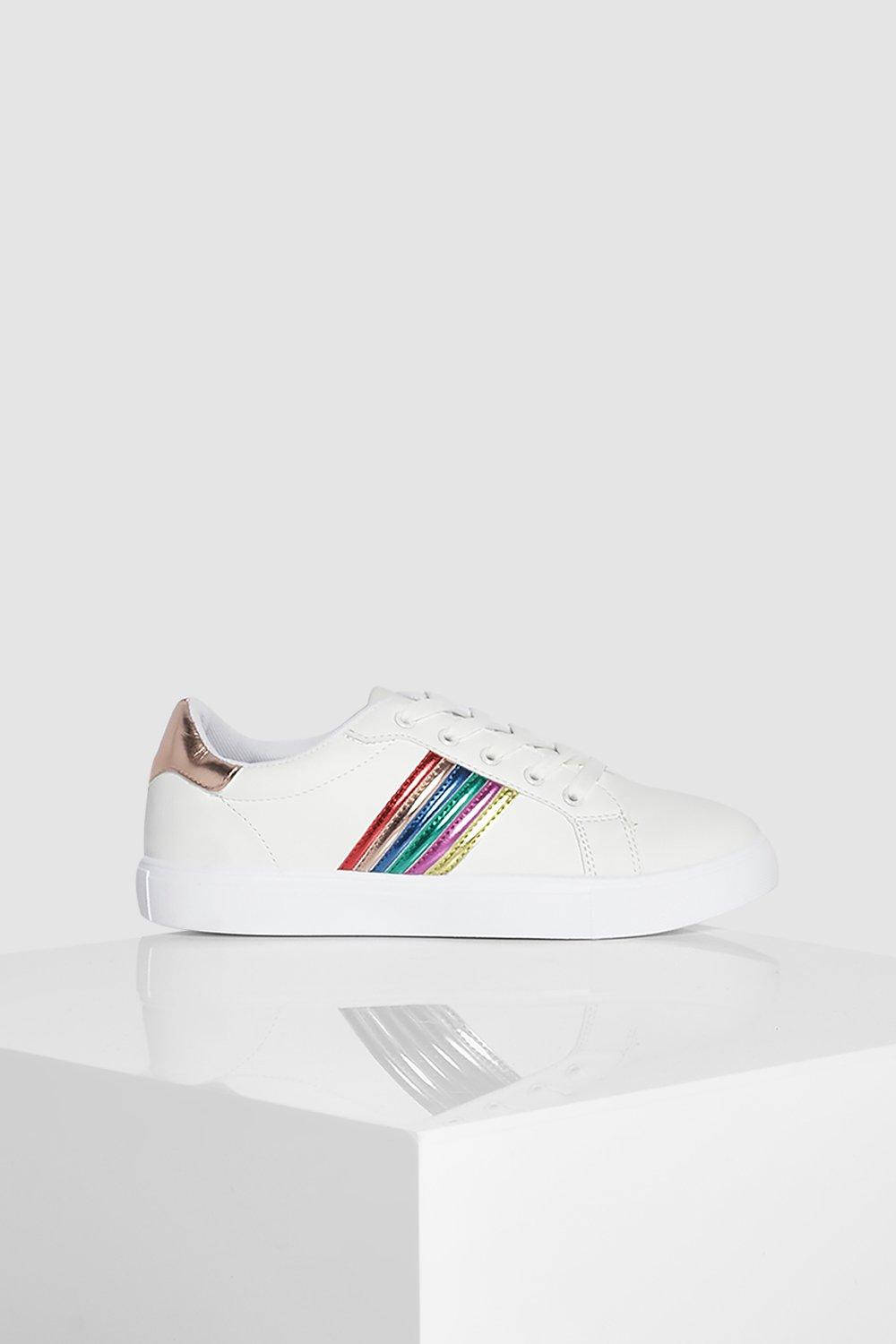 White trainers with rainbow hot sale stripes