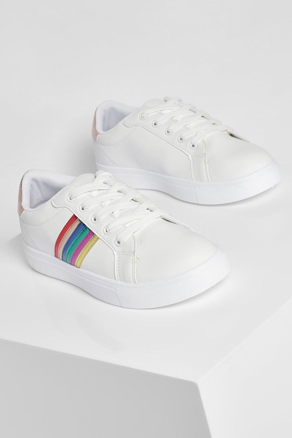 White trainers with cheap rainbow stripes