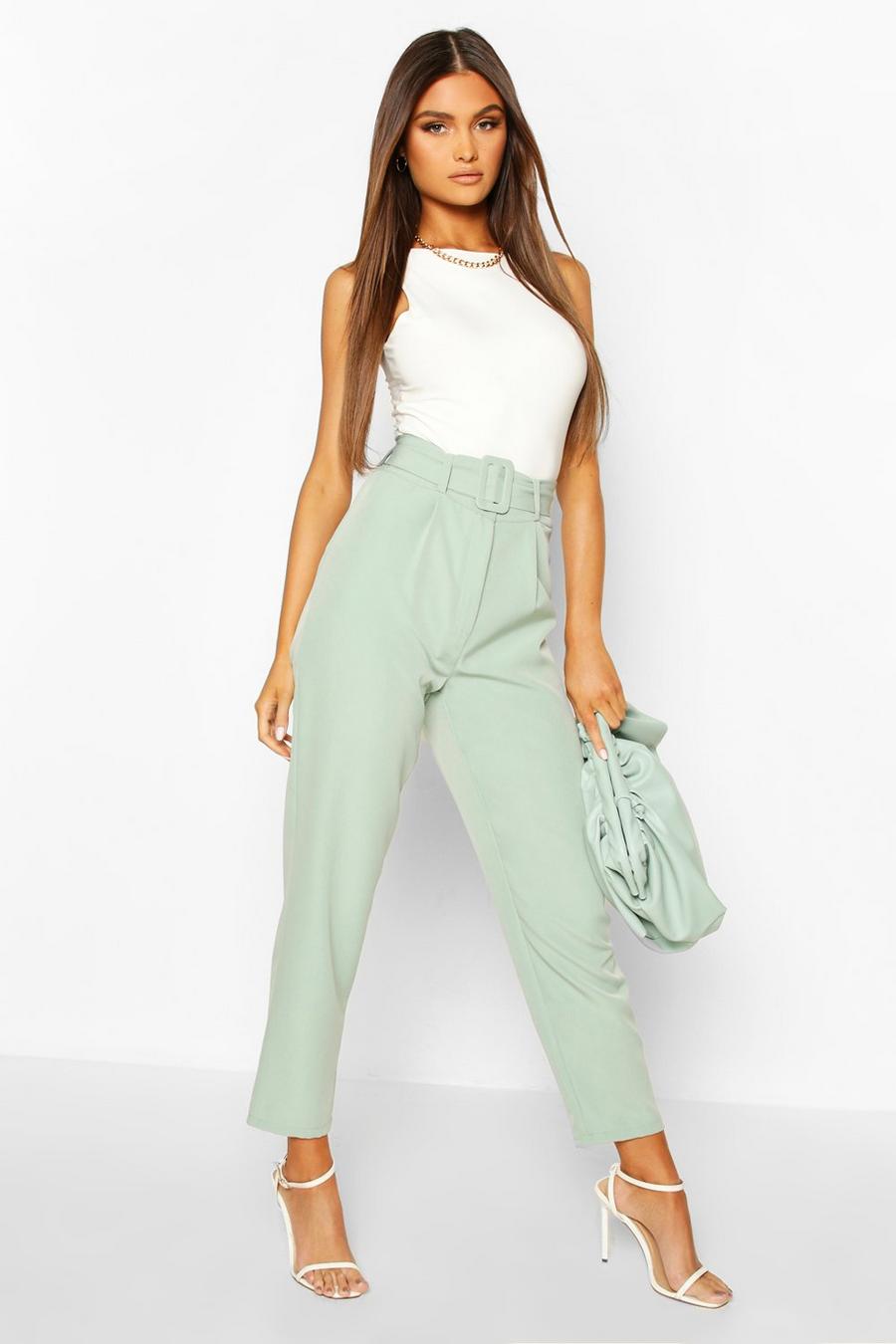 Sage Belted Pleat Front Ankle Grazer Trouser image number 1