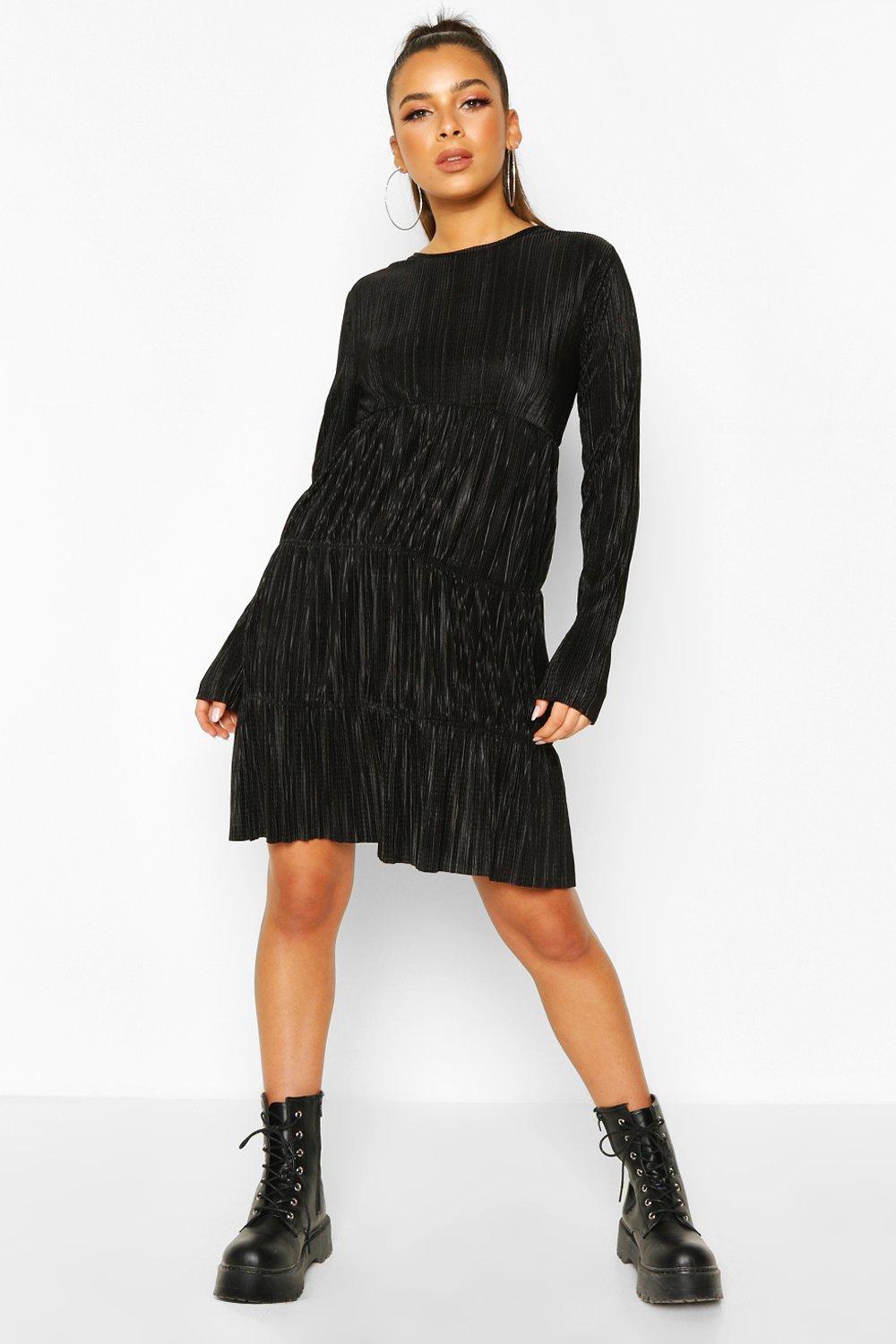 black pleated layered smock dress