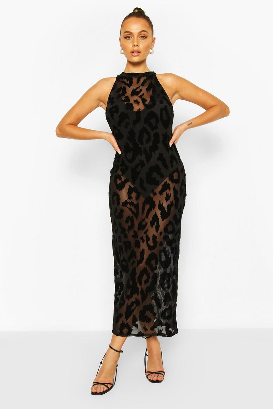 Leopard Print Flocked Mesh Midaxi Dress image number 1