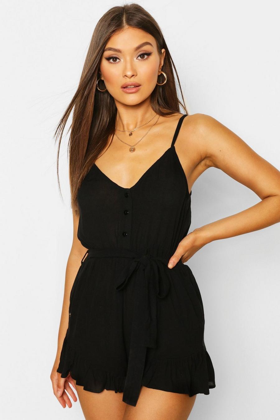 Strappy Button Belted Cheesecloth Playsuit, Black image number 1