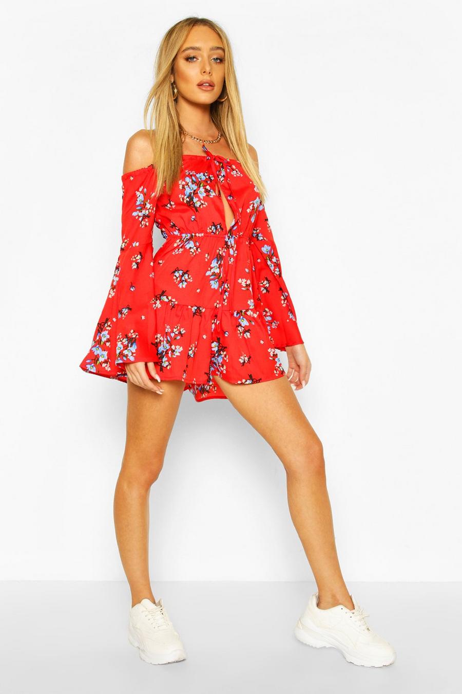 Red Floral Off The Shoulder Ruffle Romper