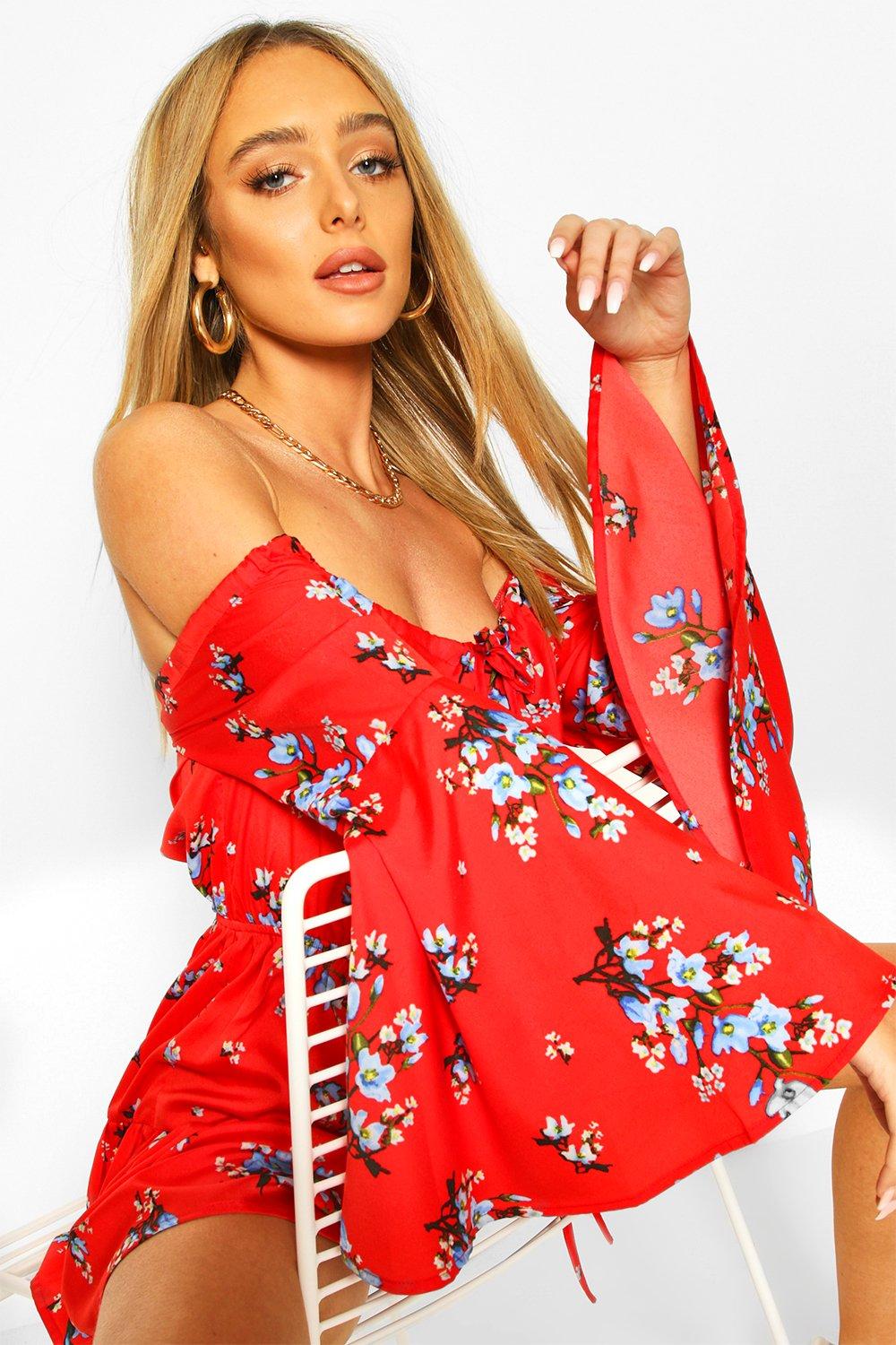 Floral Off The Shoulder Ruffle Playsuit boohoo