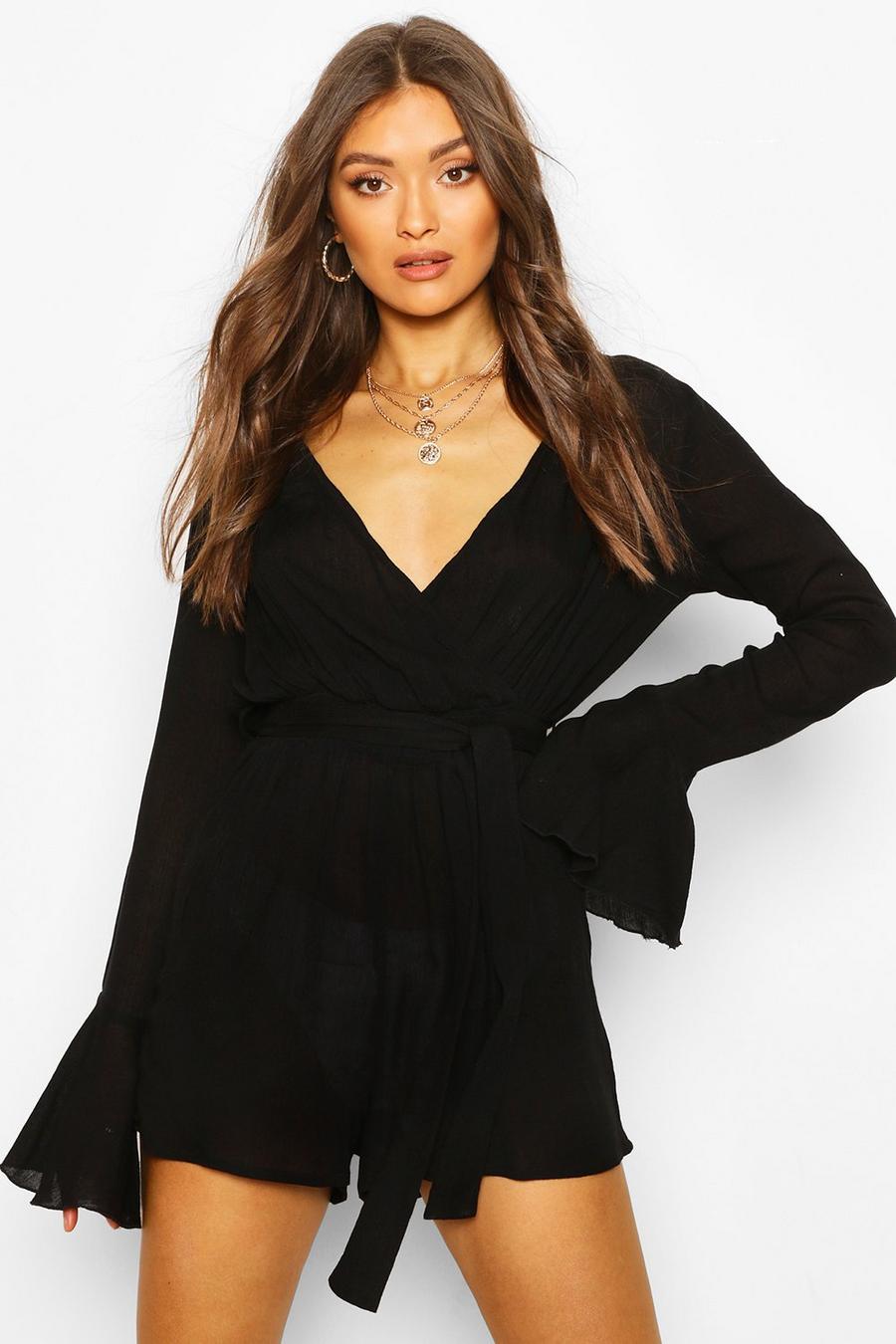 Black Cheesecloth Flare Sleeve Playsuit image number 1