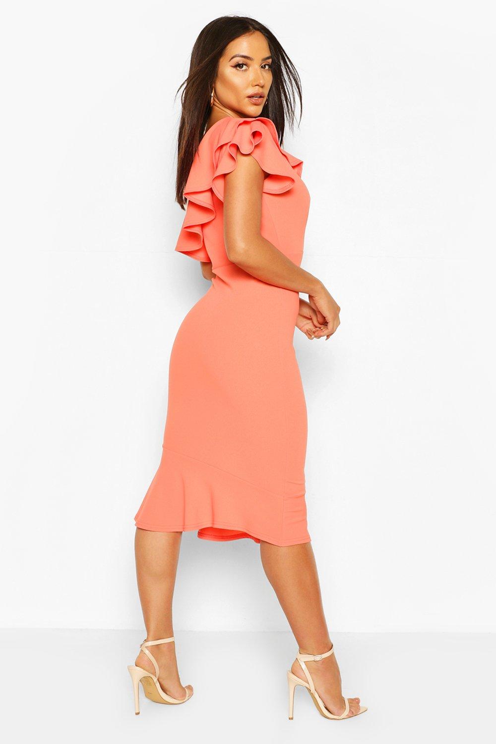 One Shoulder Ruffle Frill Midi Dress