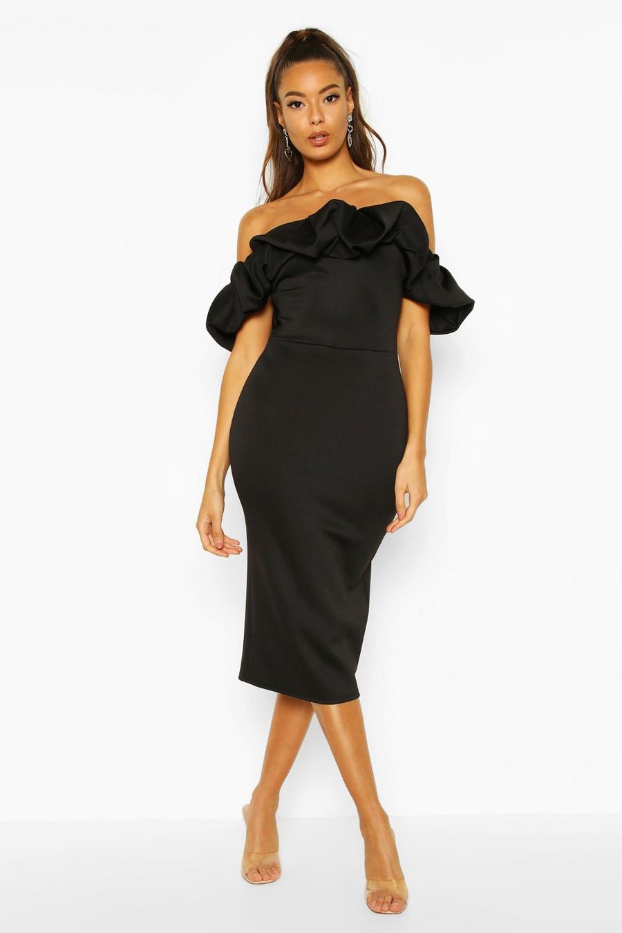 Black Puff Ruffle Bardot Midi Dress image number 1