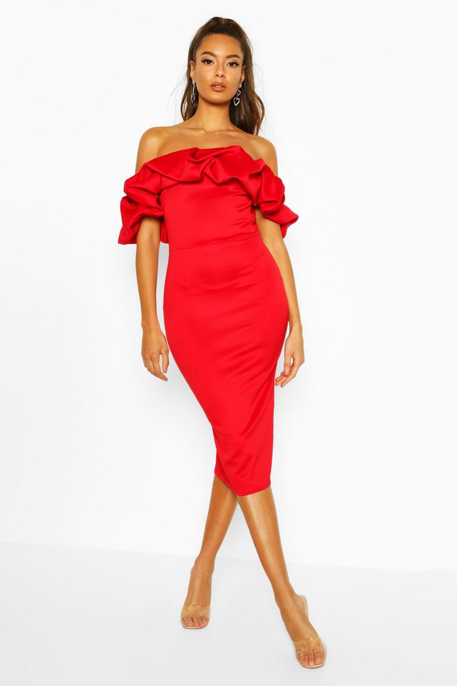 Red Puff Ruffle Off The Shoulder Midi Dress image number 1