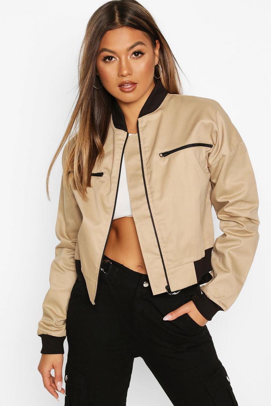 Stone Woven Zip Detail Bomber Jacket image number 1