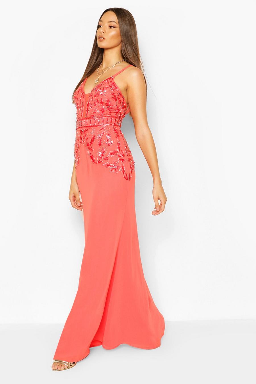 Coral Occasion Hand Embellished Mesh Insert Maxi Dress image number 1