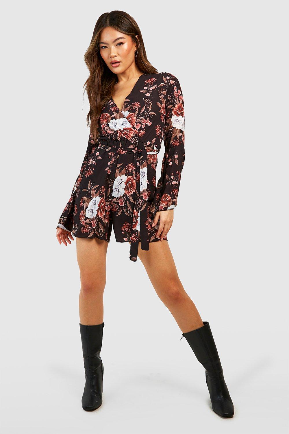 Black Floral Long Sleeve Romper