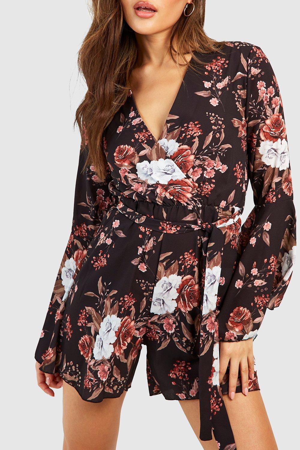 Huakaishijie Women's Trendy Playsuit Floral Print Button Front Long Sleeve  Tight Jumpsuits Rompers 