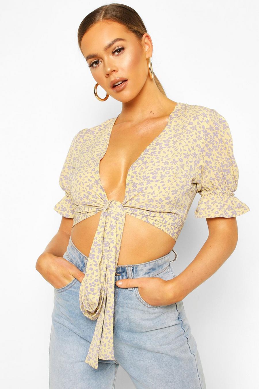 Yellow Woven Floral Tie Front Crop Top image number 1