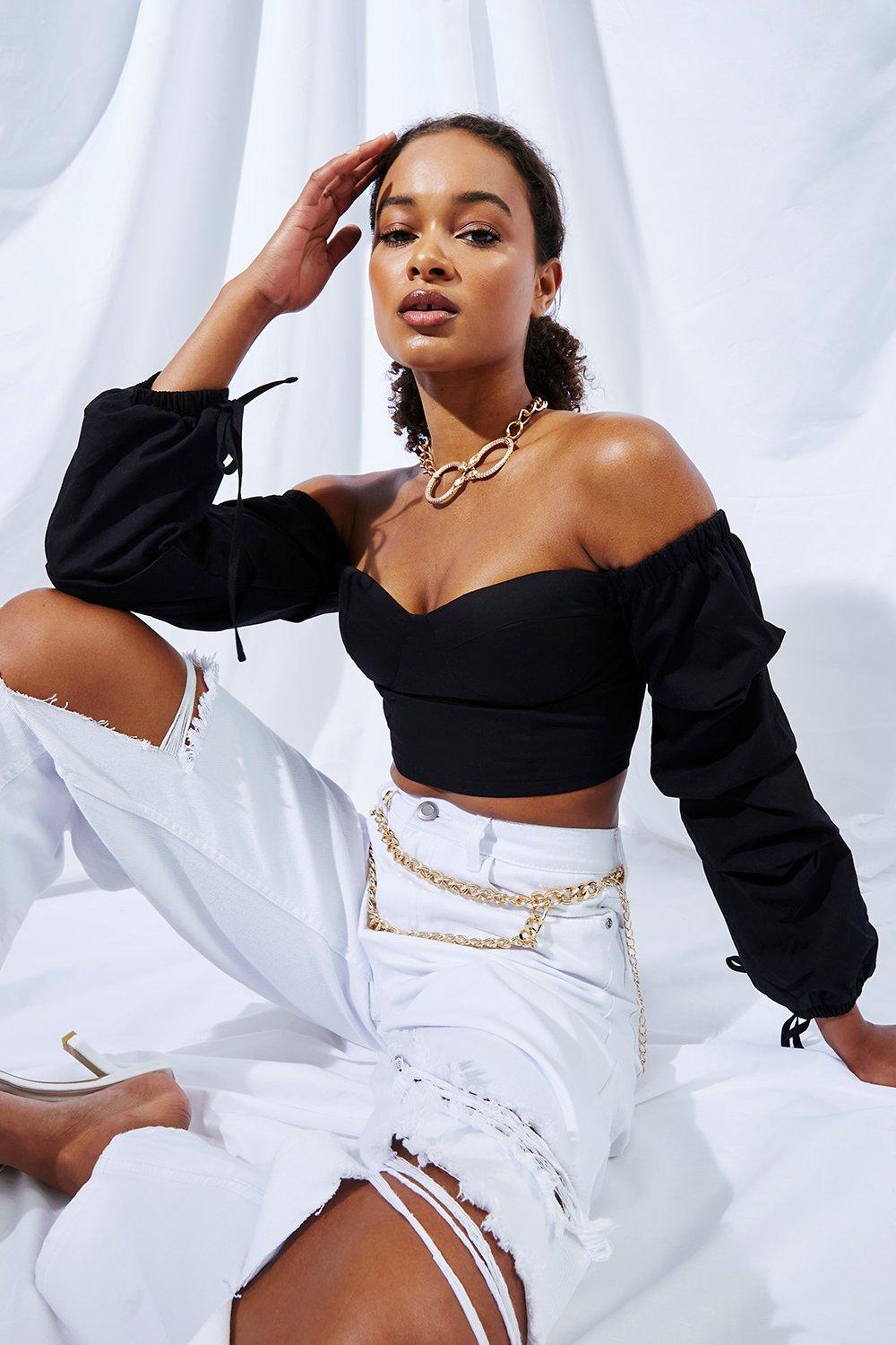 white off the shoulder ruched top