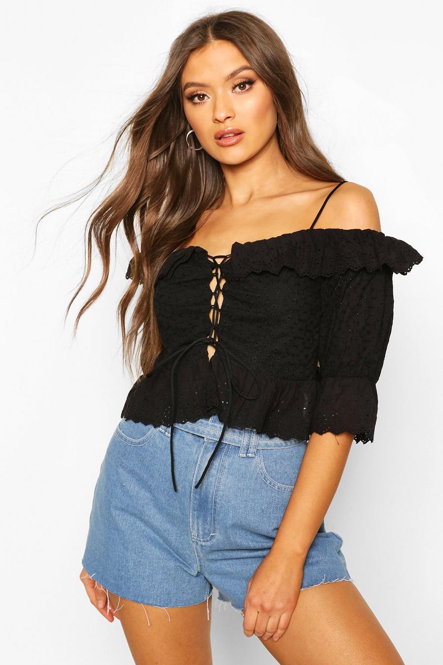 Black Broderie Anglais Cold Shoulder Ruffle Blouse image number 1