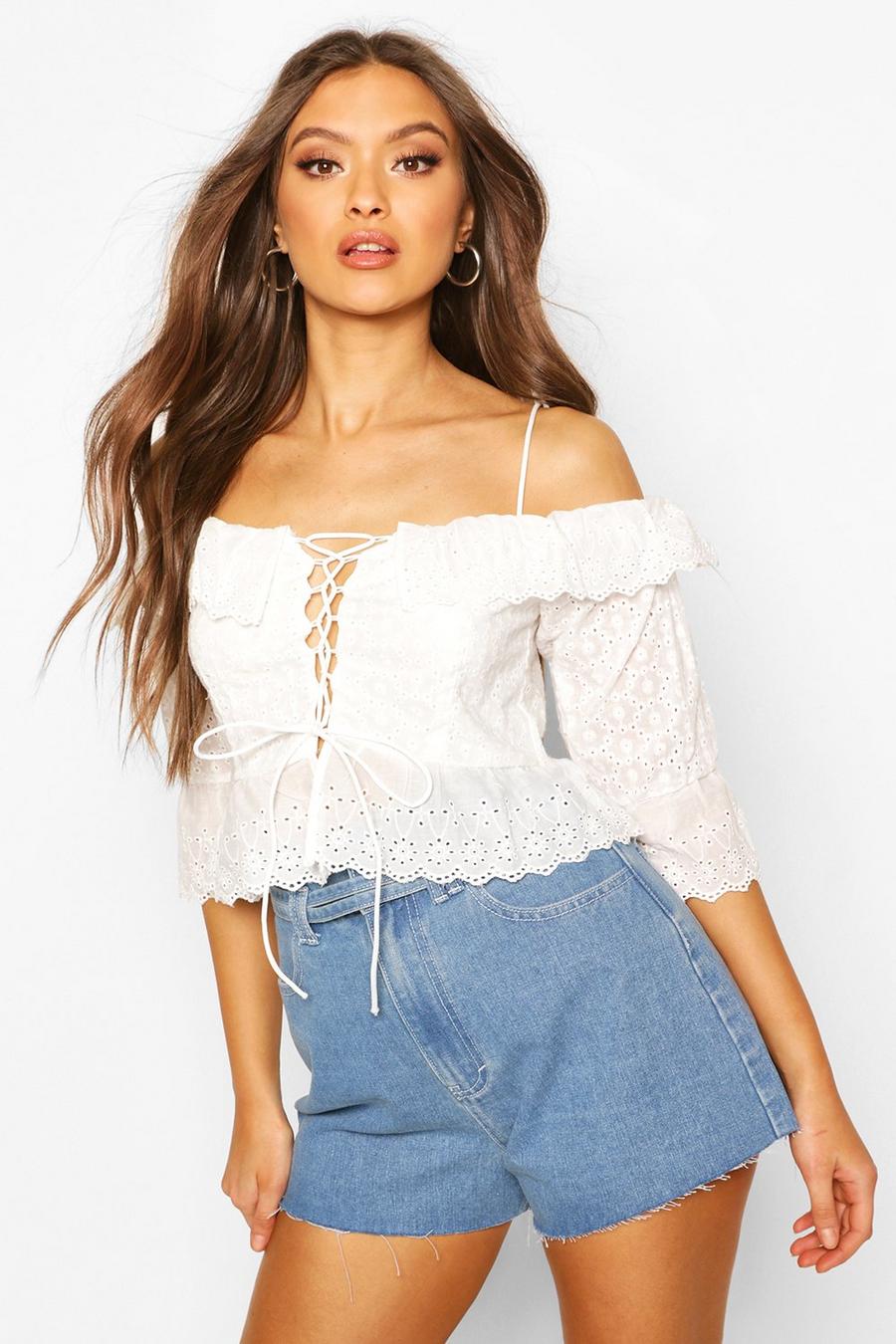 Ivory Broderie Anglais Cold Shoulder Ruffle Blouse image number 1