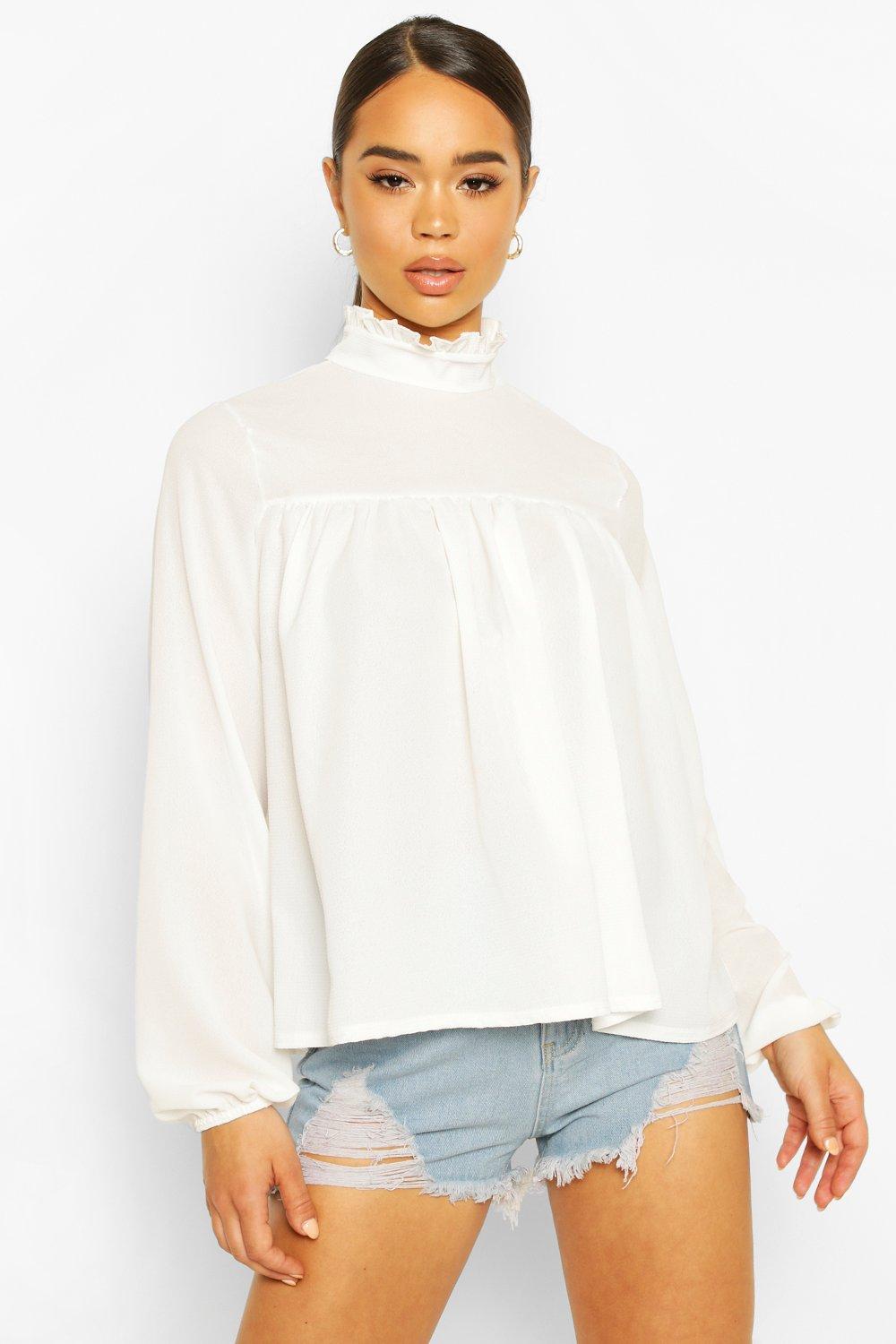 High Neck Ruffle Detail Smock Top