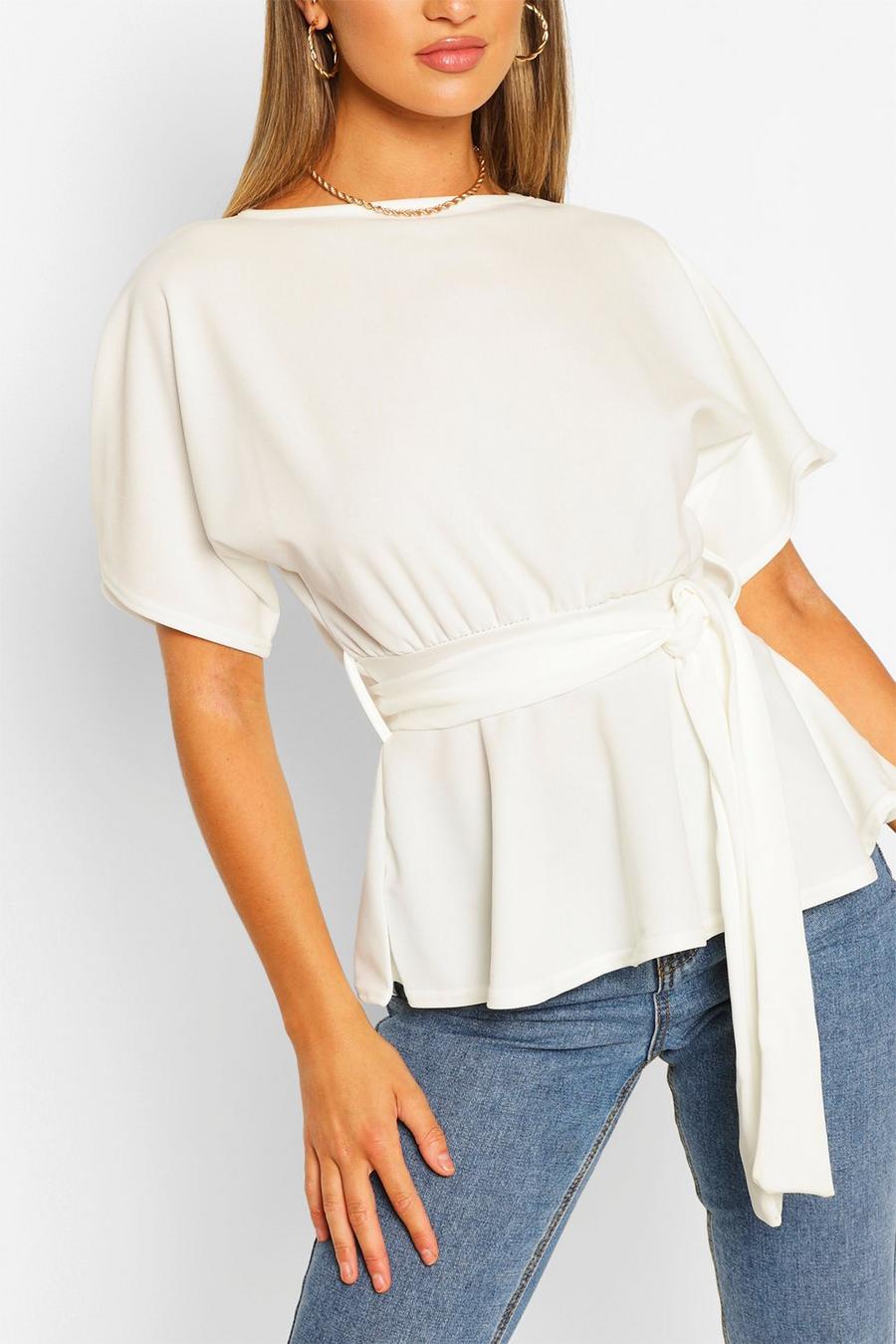 Ivory Crepe Kimono Sleeve Belted Top image number 1