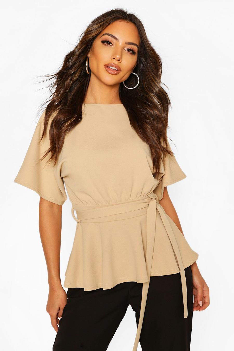 Stone Crepe Kimono Sleeve Belted Top image number 1