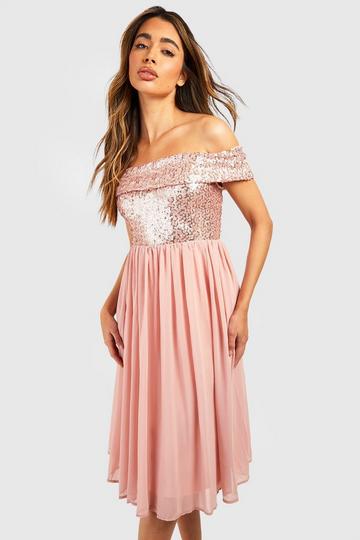 Bridesmaid Occasion Sequin Bardot Midi Dress blush