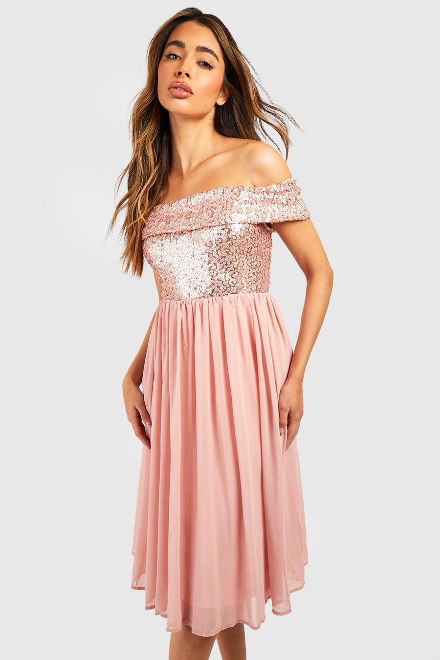 Blush pink Bridesmaid Occasion Sequin Bardot Midi Dress image number 1