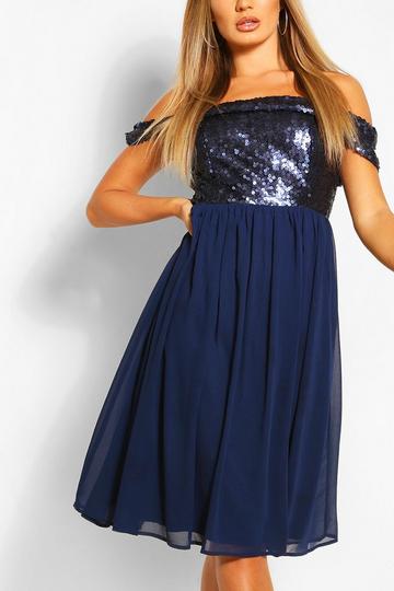 Bridesmaid Occasion Sequin Off The Shoulder Midi Dress navy