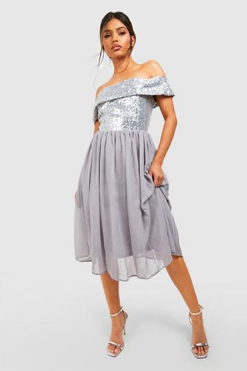 Bridesmaid Occasion Sequin Bardot Midi Dress silver