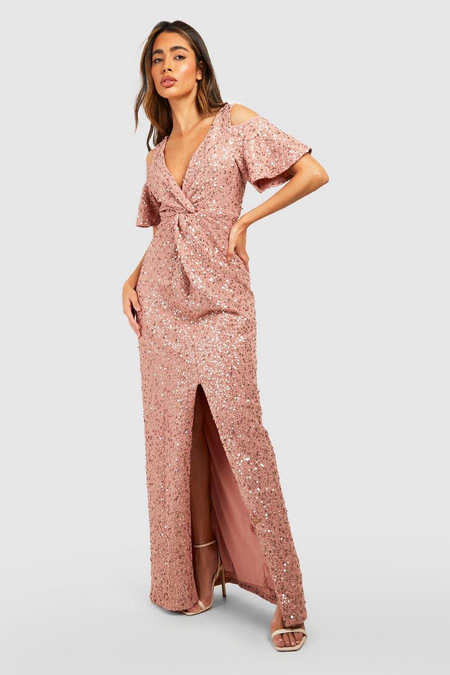 Blush rose Bridesmaid Occasion Sequin Knot Front Maxi Dress