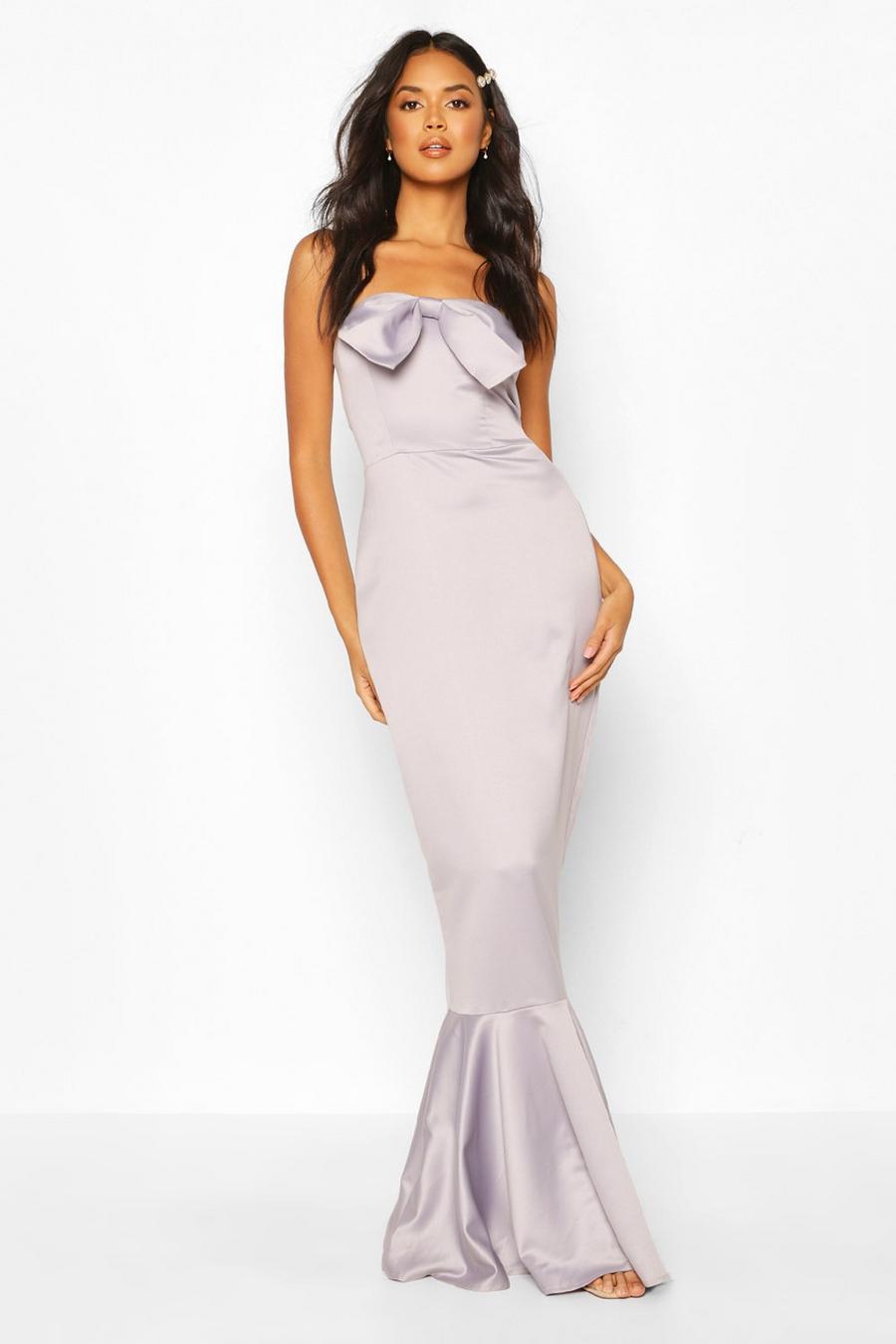 Grey grå Bridesmaid Satin Bow Front Fishtail Maxi Dress image number 1