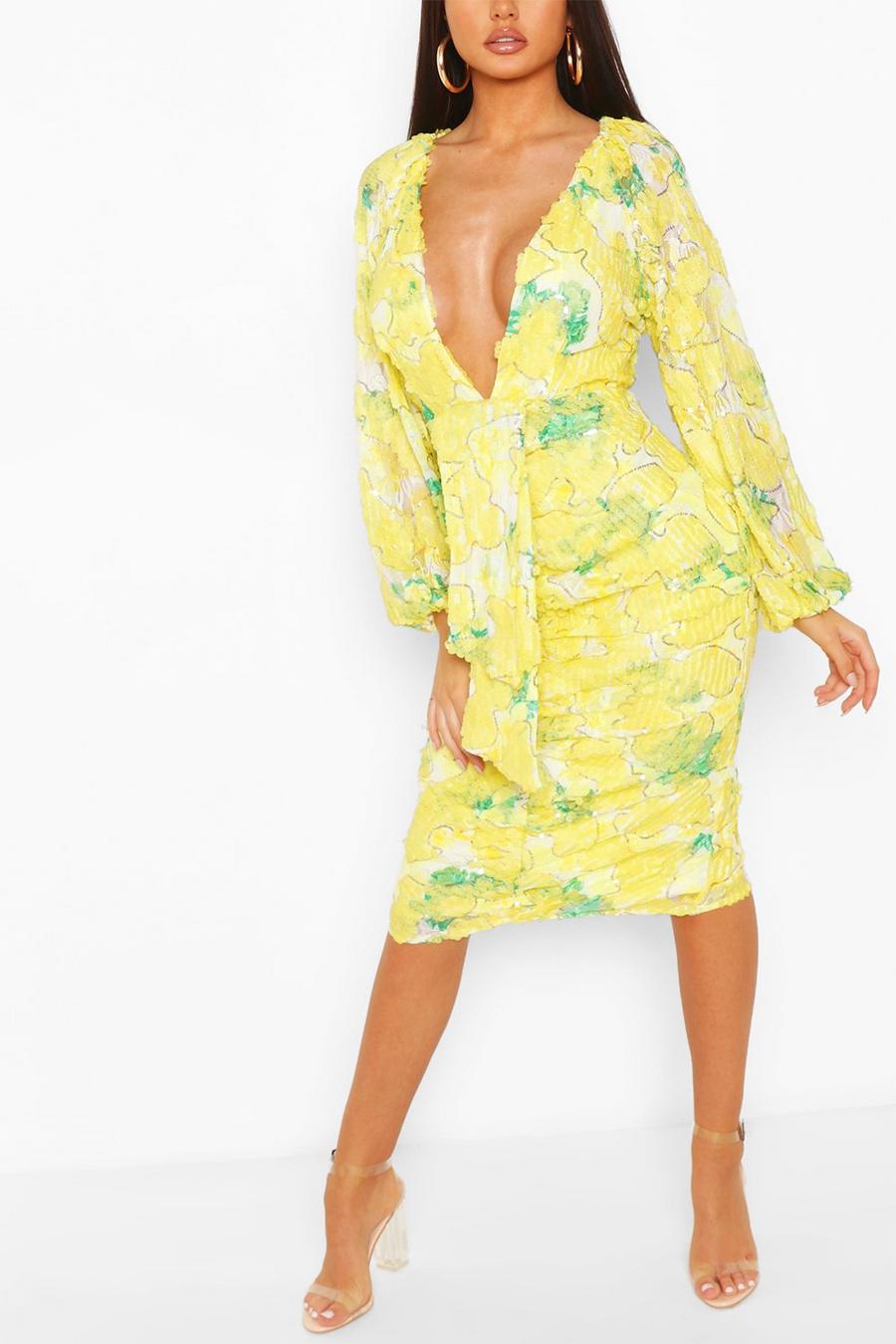 Lime Boohoo Occasion Sequin Puff Sleeve Midi Dress image number 1