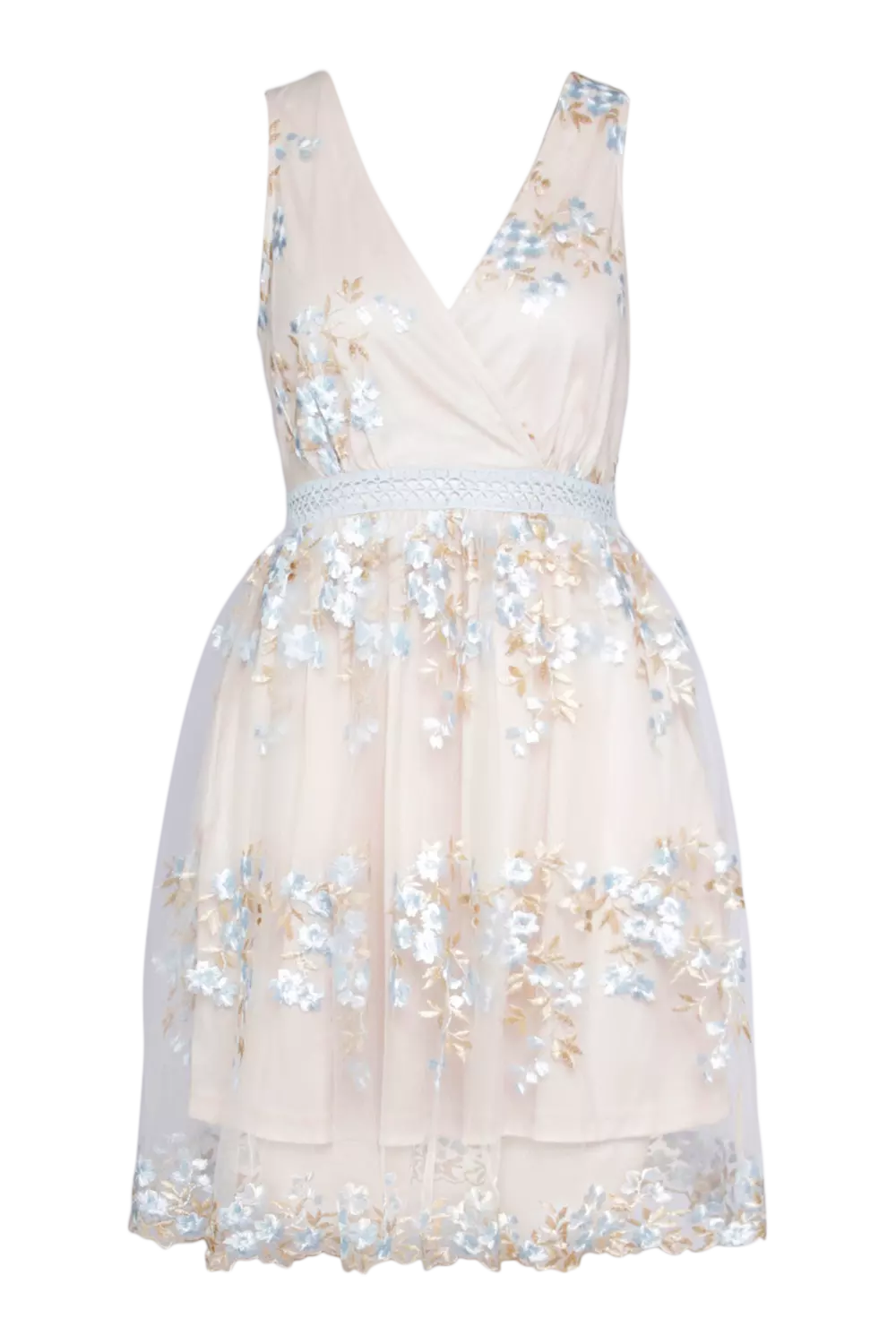 Blue Boohoo Occasion Floral Embroidery Wrap Skater Dress alternative image
