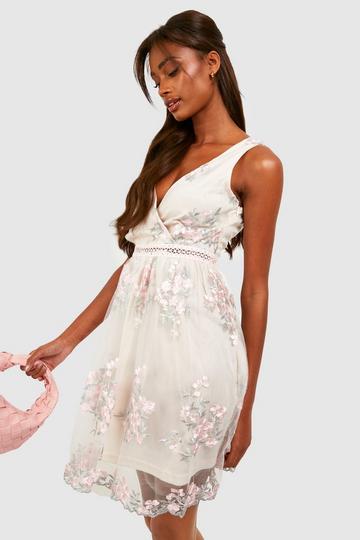 Pink Boohoo Occasion Floral Embroidery Wrap Skater Dress