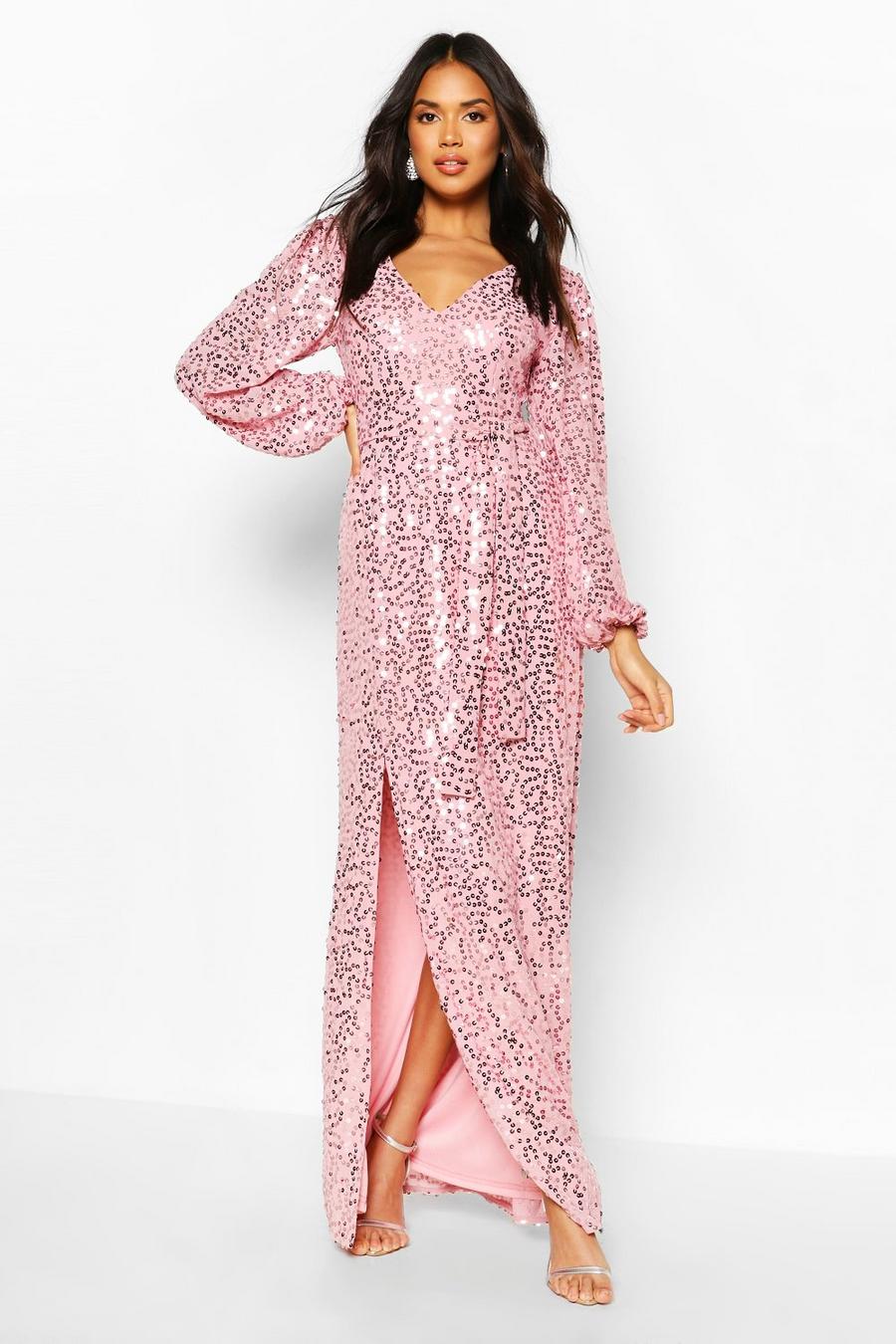 Pink Bridesmaid Occasion Sequin Plunge Maxi Dress