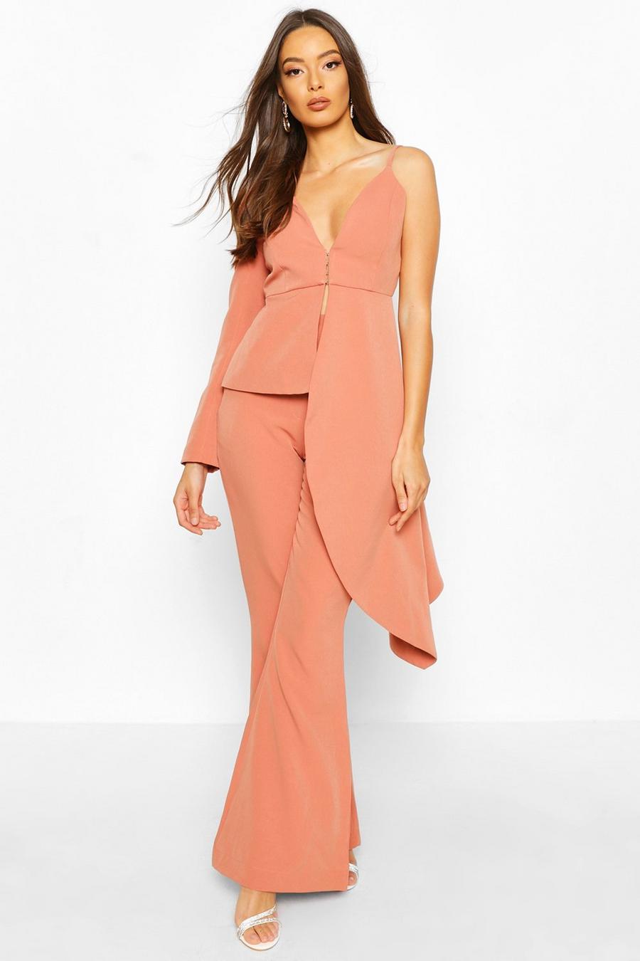 Apricot nude Boohoo Occasion Waterfall One Shoulder Blazer image number 1