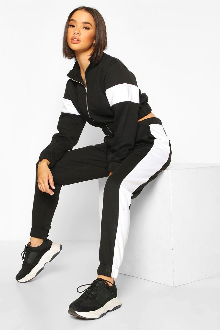 Black Zip Through Cropped Color Block Tracksuit image number 1