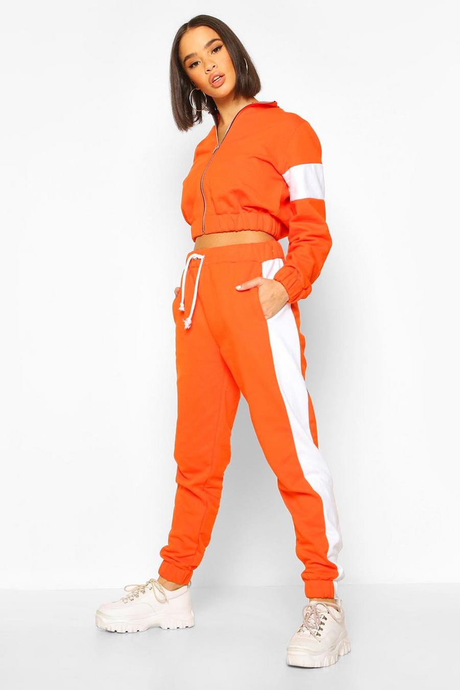 Tuta sportiva a blocchi di colore con cappuccio e cerniera integrale, Arancio image number 1