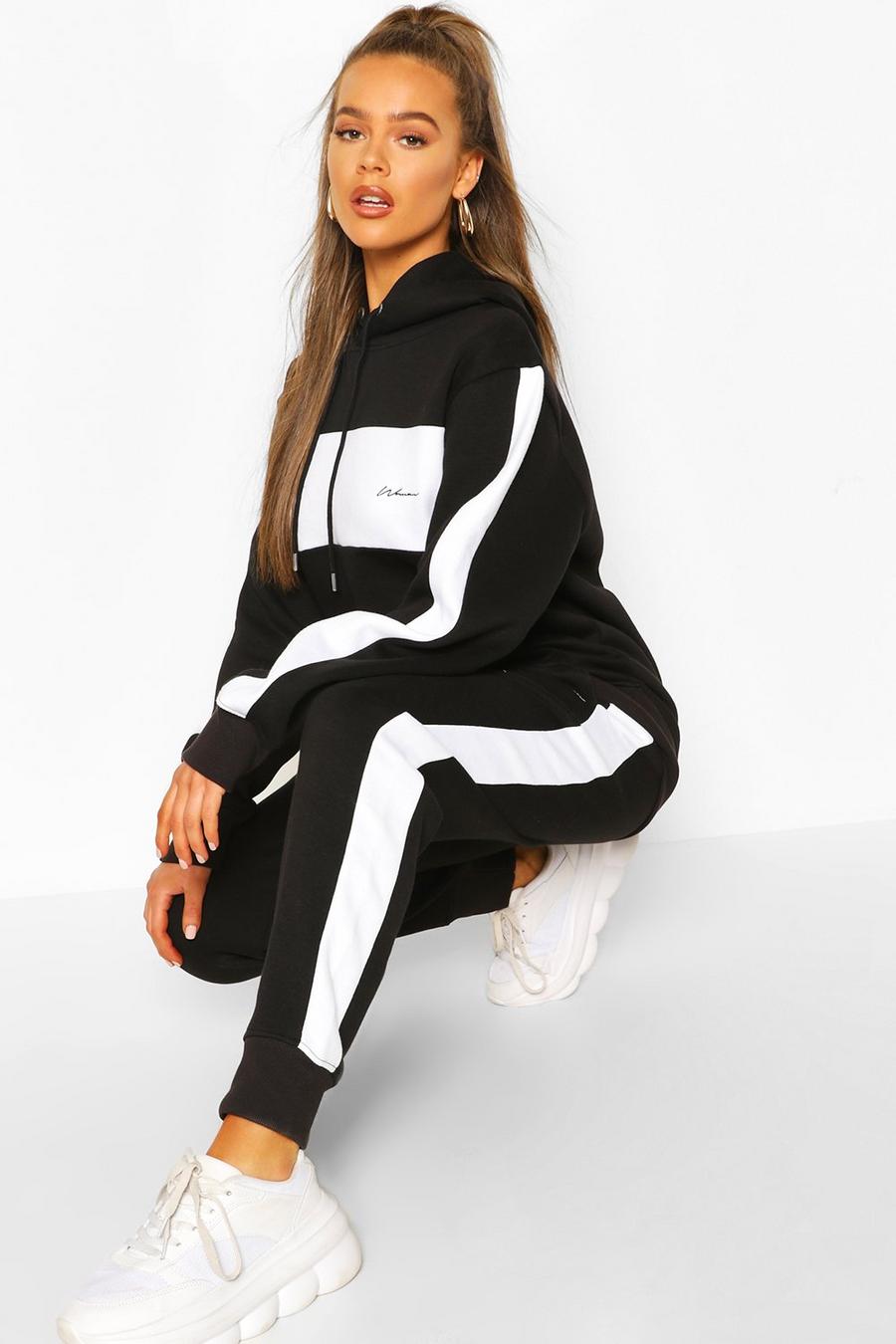 Black Woman Embroidered Colour Block Stripe Tracksuit image number 1