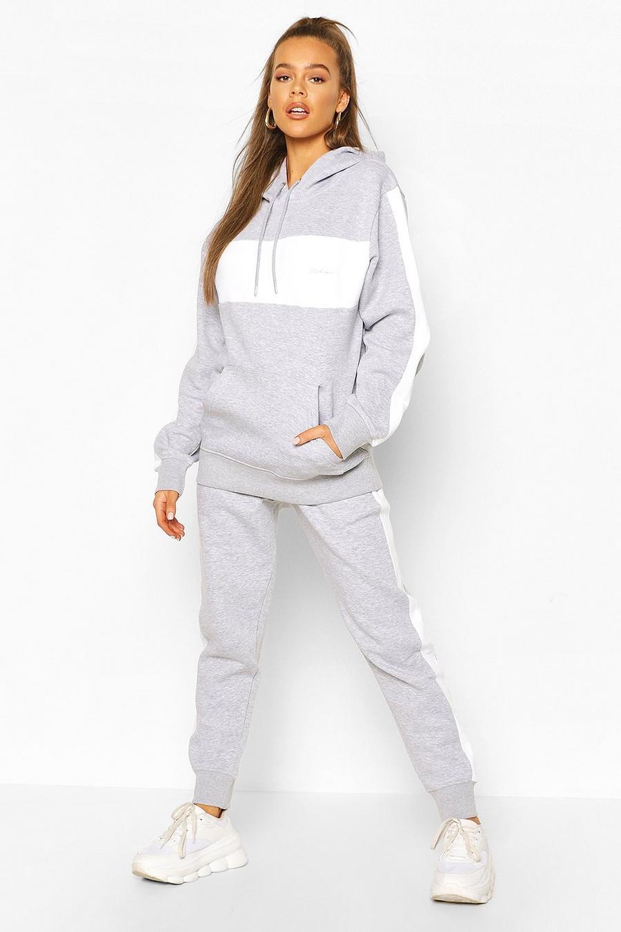 Grey Woman Embroidered Colour Block Stripe Tracksuit image number 1