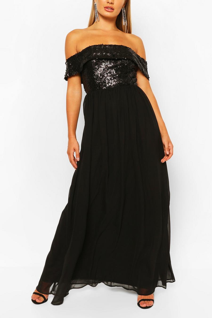 Black Bridesmaid Occasion Sequin Bardot Maxi Dress image number 1