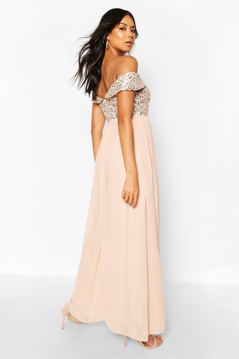 sequin bardot maxi dress