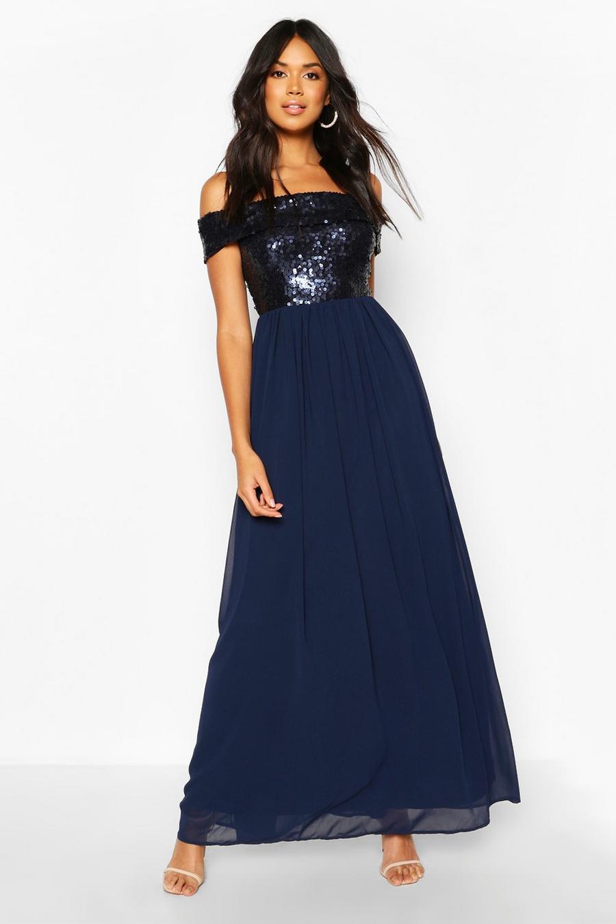 Navy Bridesmaid Occasion Sequin Off The Shoulder Maxi Dress image number 1