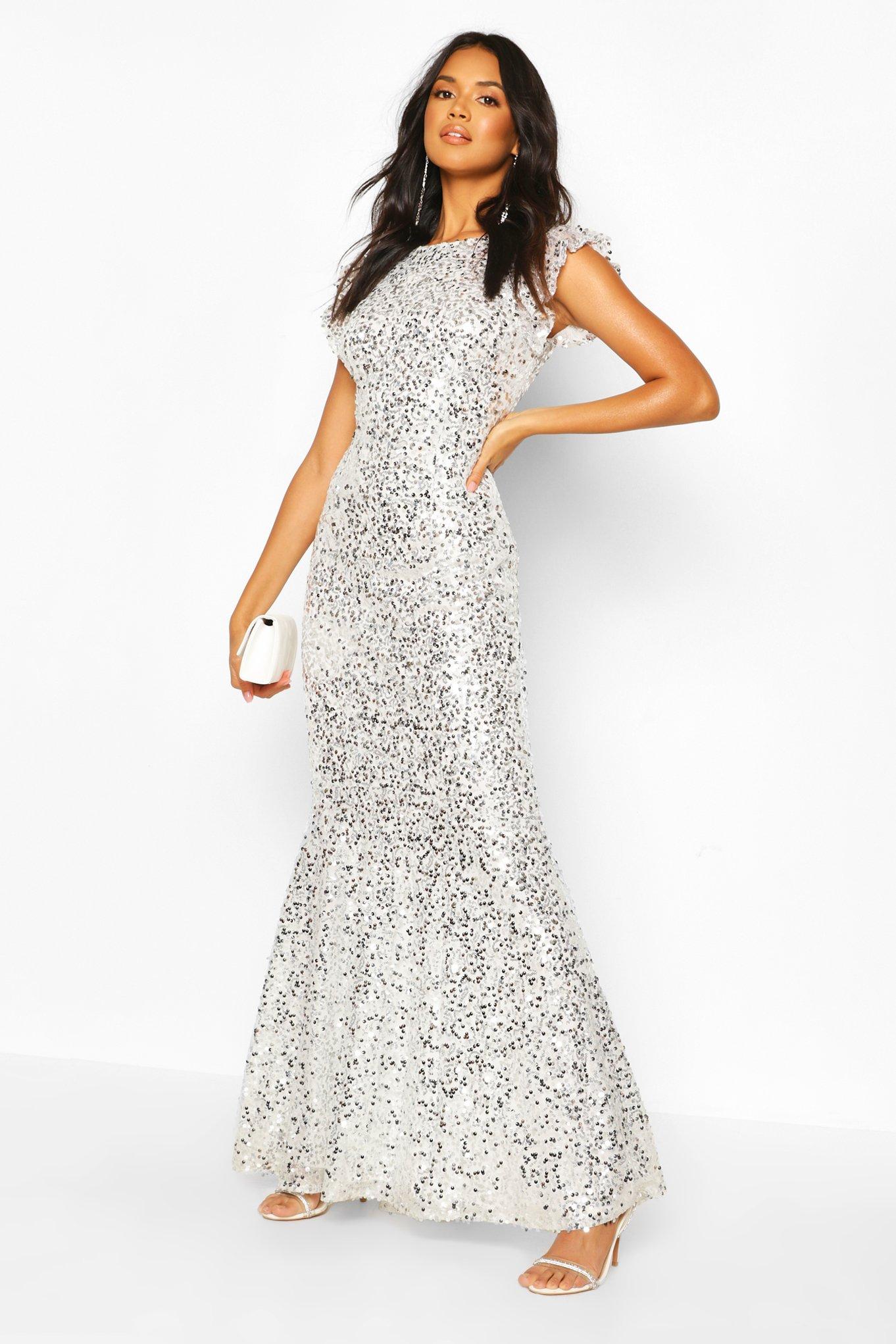 Vestito maxi da cerimonia con paillettes all over e scollo sul retro