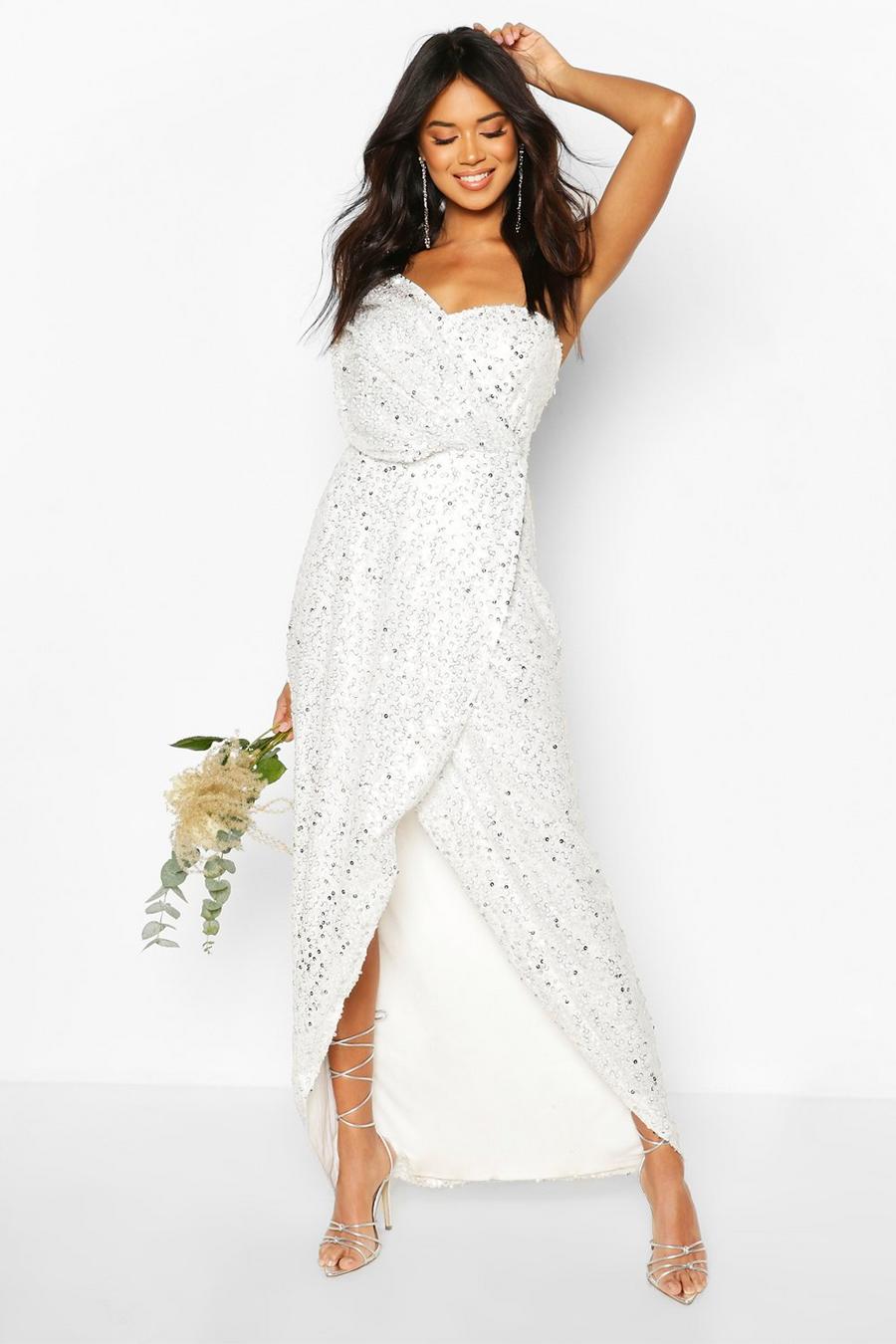 White Boohoo Occasion Sequin Drape Detail Maxi image number 1