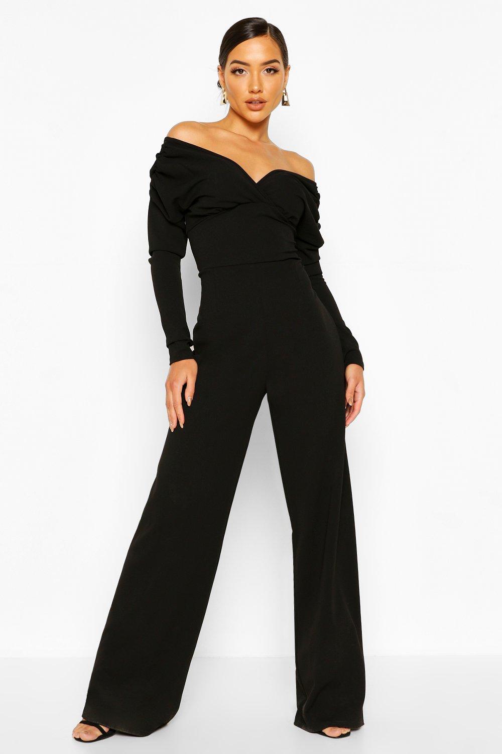 black bardot jumpsuit wide leg