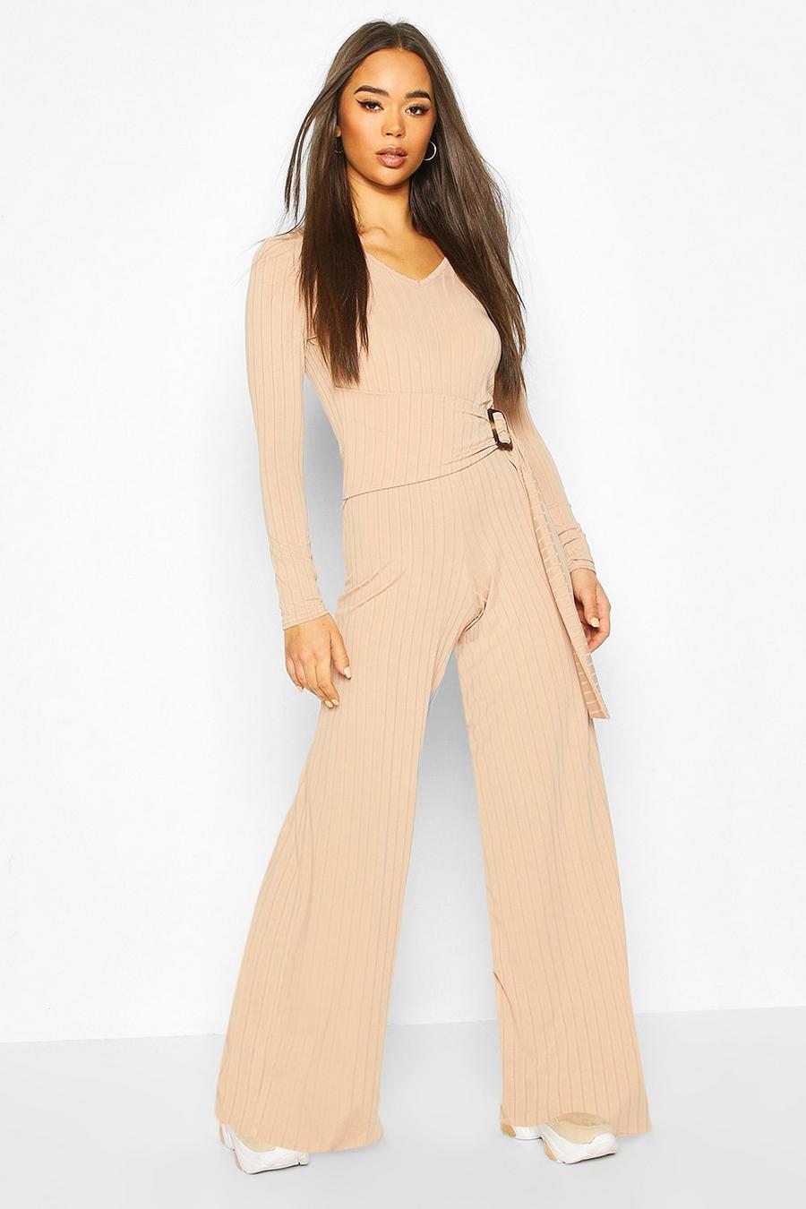 Ribbed Belted Buckle Long Sleeve Jumpsuit image number 1