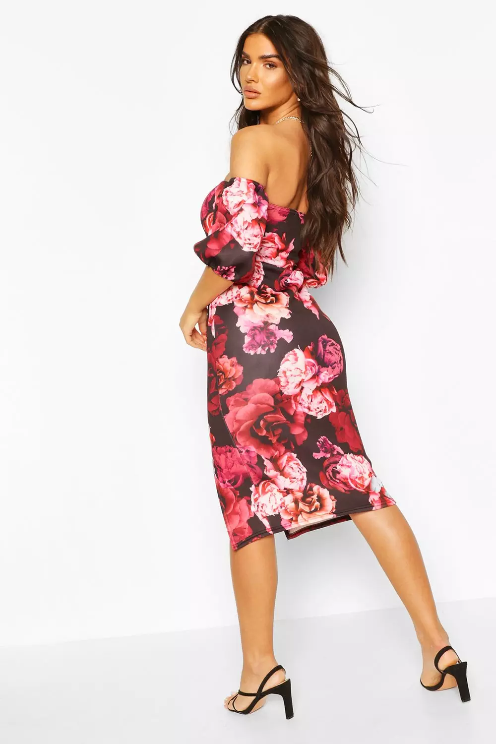 Square collar printed puff sleeve store midi dress