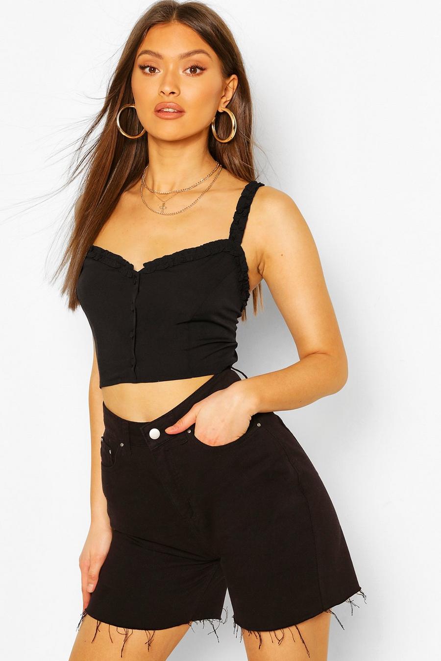 Ruffle Strap Button Detail Crop Top image number 1