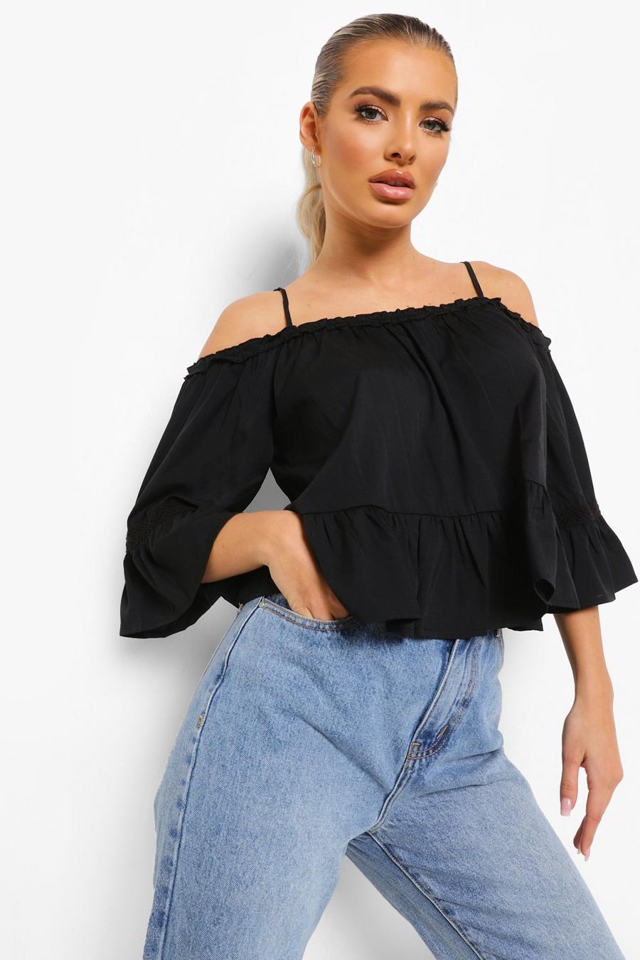 Black Cotton Shirred Off The Shoulder Crop Top image number 1