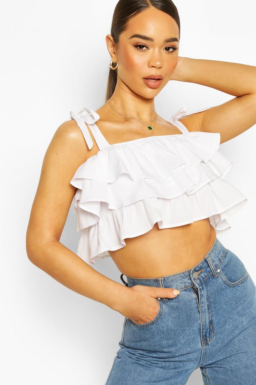 White Tie Shoulder Ruffle Crop Top image number 1